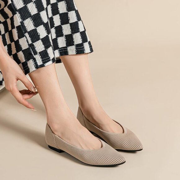 Women's Pointed Toe Knit Ballet Fashionable and Comfortable Dressy Flat Cream - Picture 4 of 6